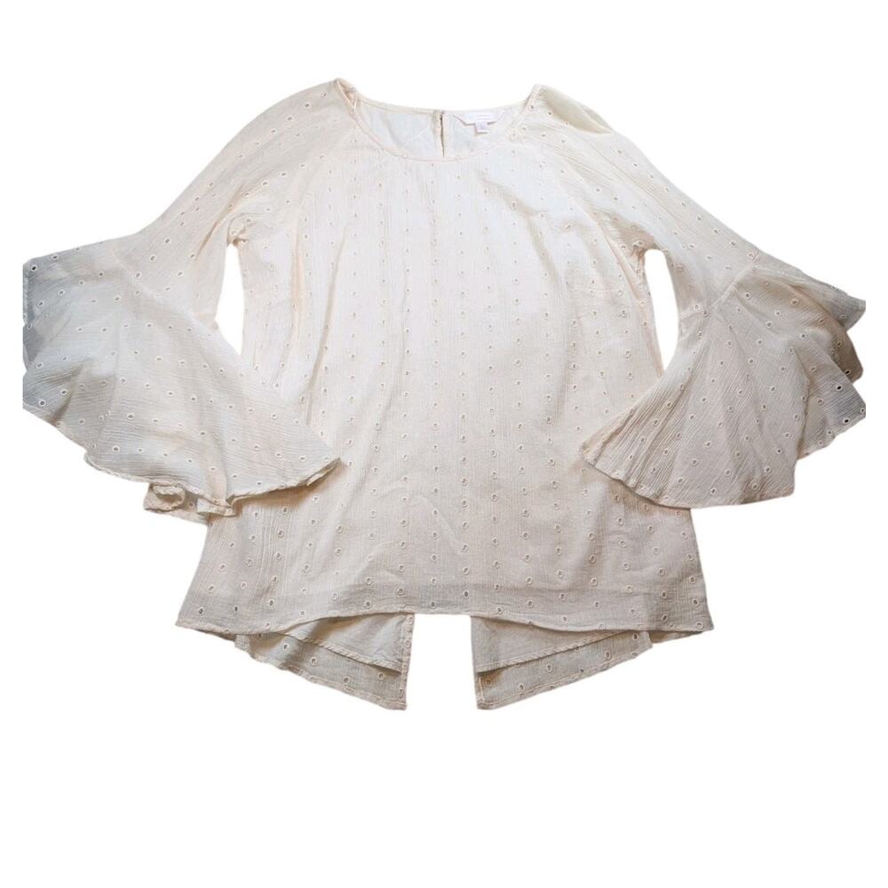 Lauren Conrad Fairycore Sheer Embroidered Blouse Trumpet Sleeve Cream Womens L